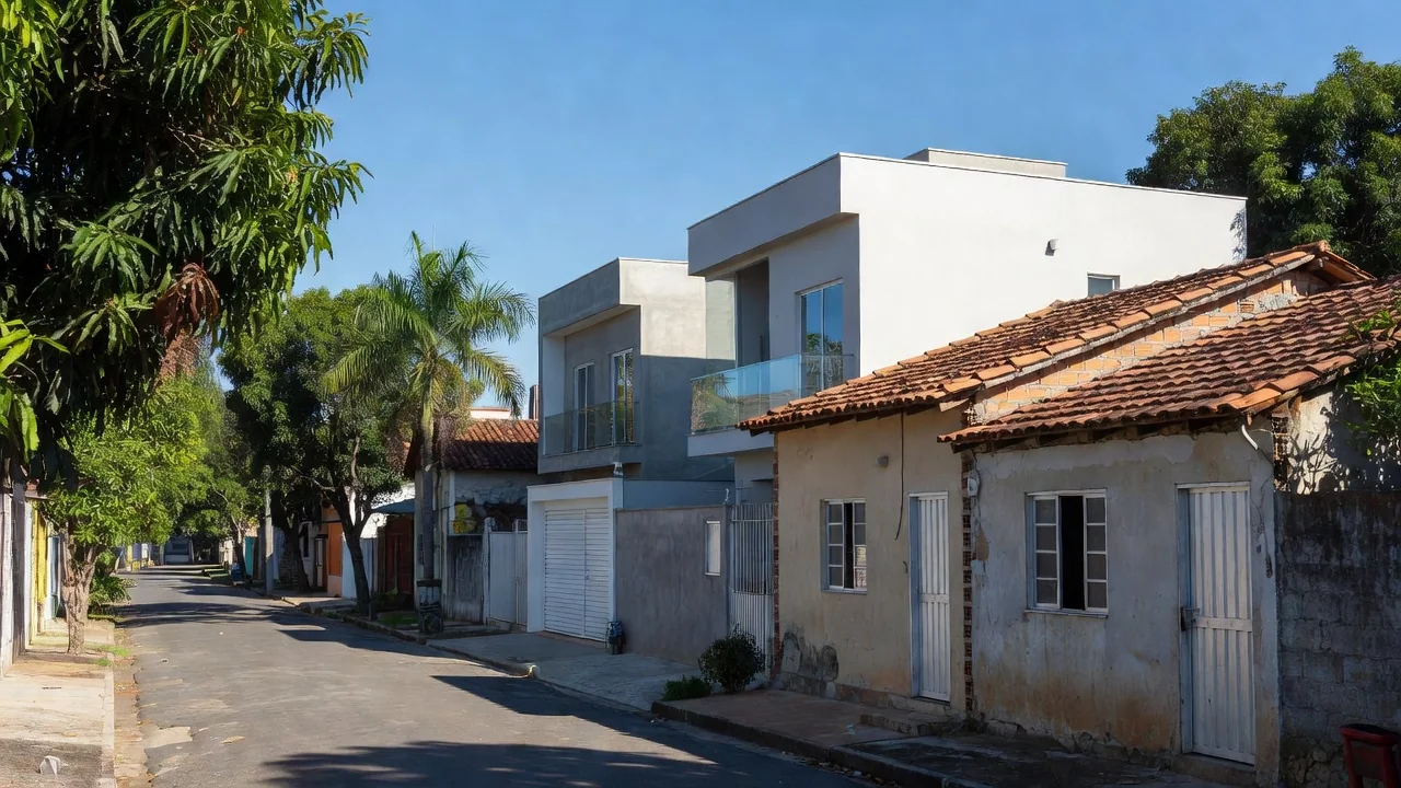 Bairro residencial brasileiro com imóveis novos e usados lado a lado