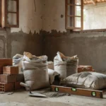 Casa brasileira em reforma com ferramentas de pedreiro e materiais de construção