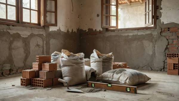 Casa brasileira em reforma com ferramentas de pedreiro e materiais de construção