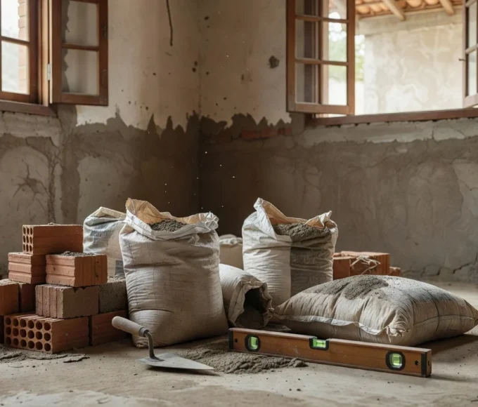 Casa brasileira em reforma com ferramentas de pedreiro e materiais de construção