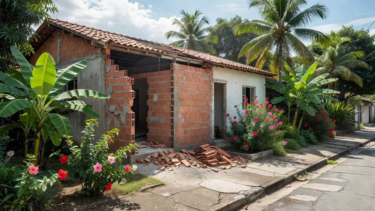 Casa brasileira em reforma com mudanças na planta e estrutura