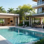 Áreas de lazer em condomínio residencial com piscina e espaços comuns