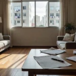 Contrato de aluguel e documentos sobre mesa em apartamento brasileiro