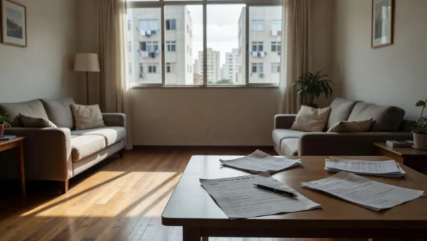 Contrato de aluguel e documentos sobre mesa em apartamento brasileiro