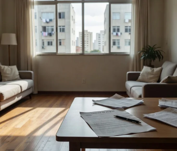 Contrato de aluguel e documentos sobre mesa em apartamento brasileiro