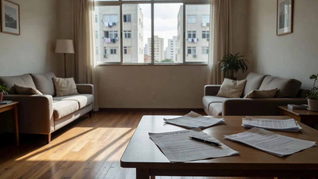 Contrato de aluguel e documentos sobre mesa em apartamento brasileiro