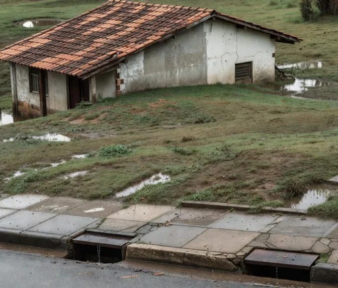 Casa brasileira com quintal e bueiros para evitar alagamento em imóvel alugado