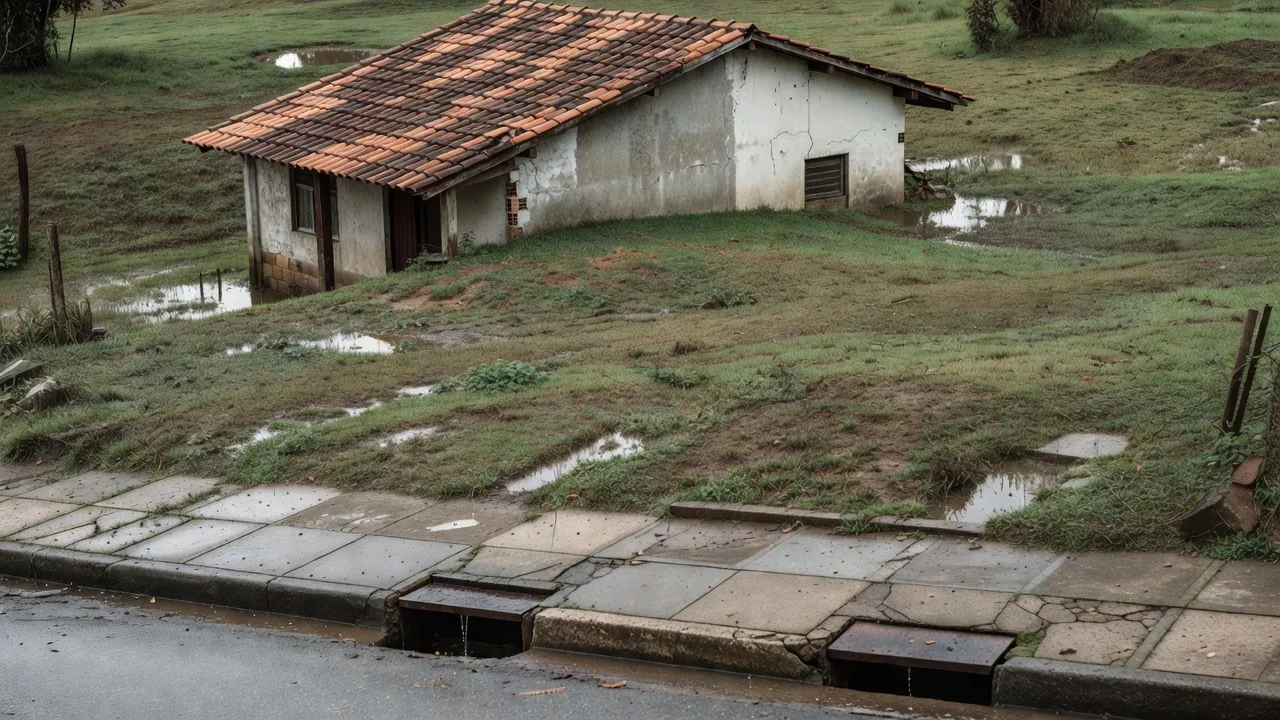 Casa brasileira com quintal e bueiros para evitar alagamento em imóvel alugado