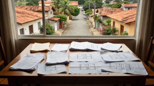 Documentos e plantas de imóveis sobre mesa para comparar propostas de compra