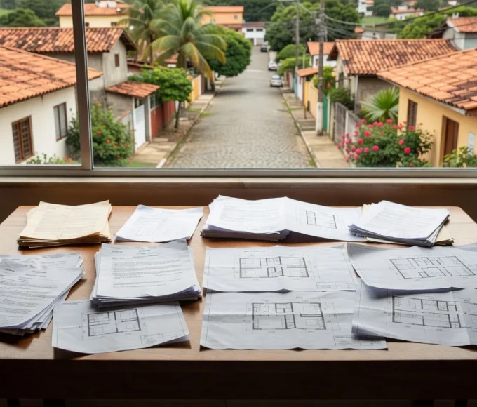 Documentos e plantas de imóveis sobre mesa para comparar propostas de compra