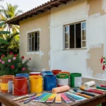 Latas de tinta colorida e ferramentas para pintar casa brasileira