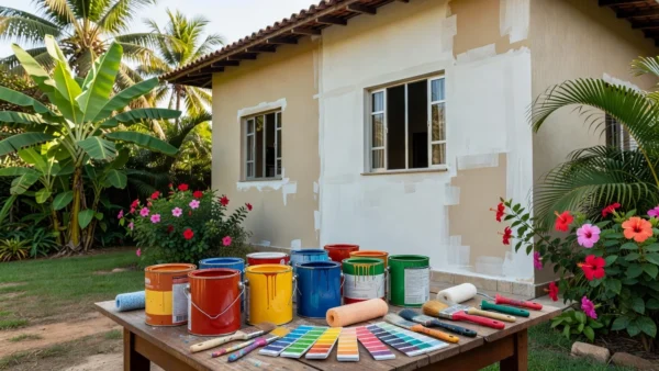 Latas de tinta colorida e ferramentas para pintar casa brasileira