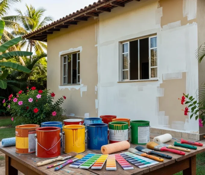 Latas de tinta colorida e ferramentas para pintar casa brasileira