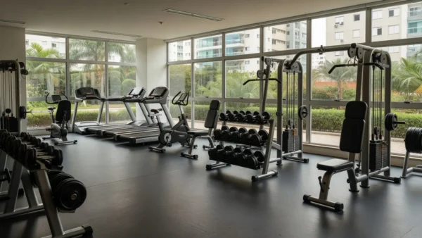 Academia equipada em condomínio residencial brasileiro com aparelhos de ginástica