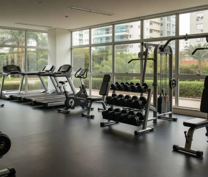 Academia equipada em condomínio residencial brasileiro com aparelhos de ginástica