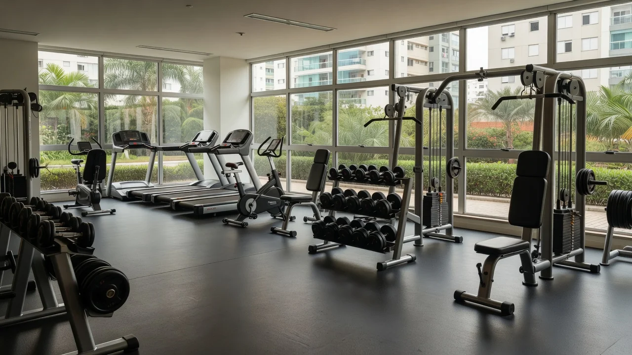 Academia equipada em condomínio residencial brasileiro com aparelhos de ginástica