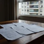 Documentos de aluguel e conta de condomínio em mesa de apartamento brasileiro