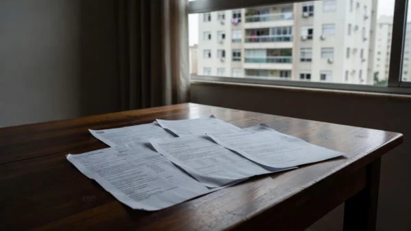 Documentos de aluguel e conta de condomínio em mesa de apartamento brasileiro