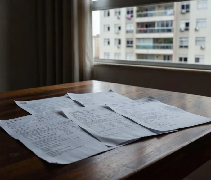 Documentos de aluguel e conta de condomínio em mesa de apartamento brasileiro