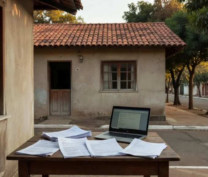 Casa brasileira com documentos representando consulta de ações judiciais antes de comprar imóvel