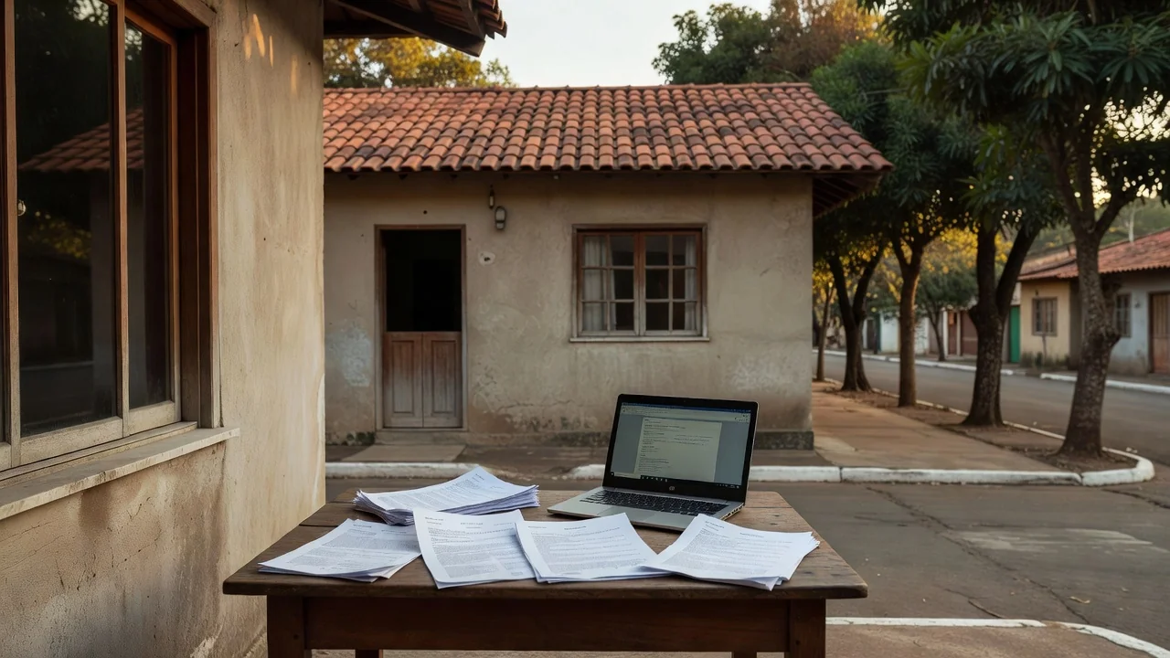 Casa brasileira com documentos representando consulta de ações judiciais antes de comprar imóvel