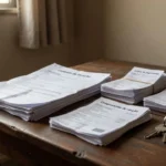 Documentos de aluguel e caução organizados em mesa de apartamento brasileiro