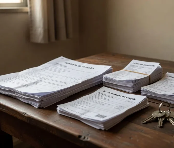 Documentos de aluguel e caução organizados em mesa de apartamento brasileiro