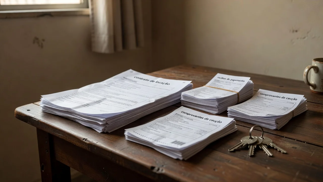 Documentos de aluguel e caução organizados em mesa de apartamento brasileiro