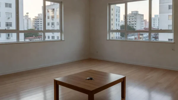 Apartamento vazio com chaves na mesa simbolizando devolução de caução de aluguel