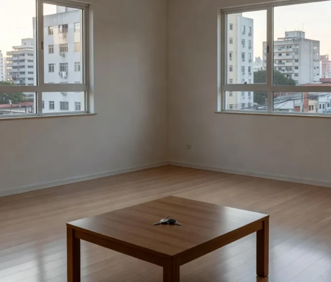 Apartamento vazio com chaves na mesa simbolizando devolução de caução de aluguel