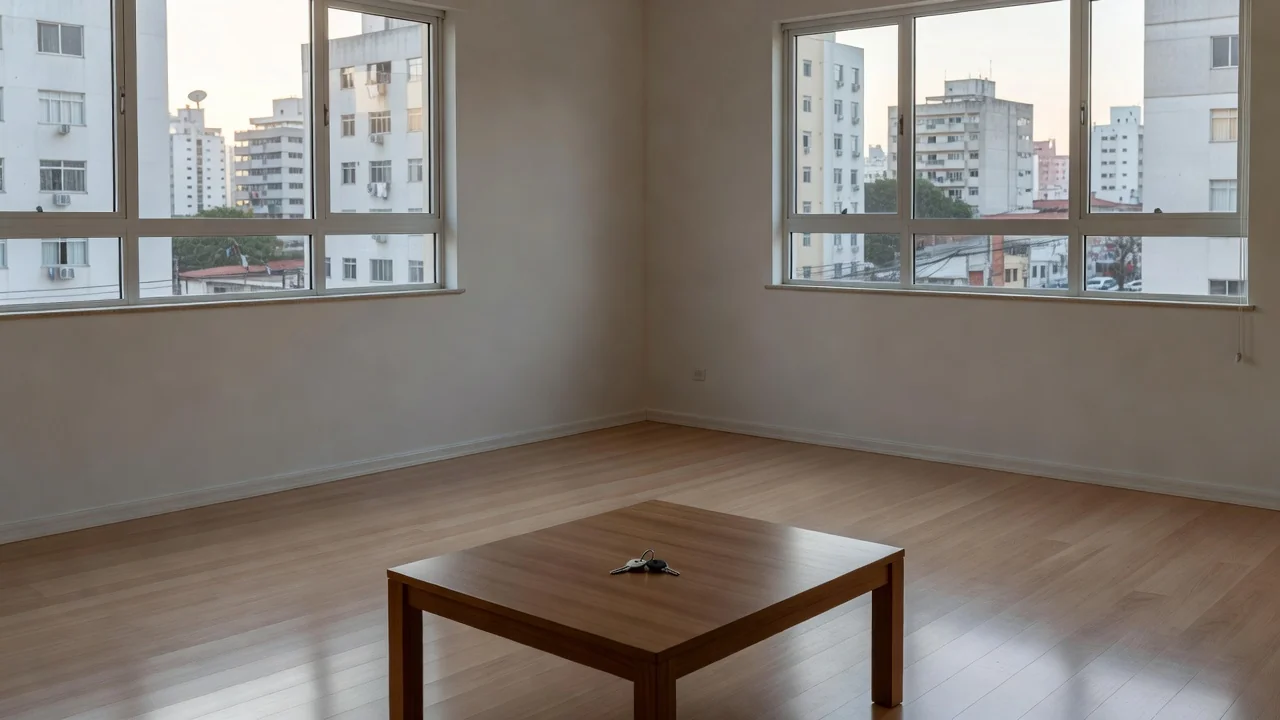 Apartamento vazio com chaves na mesa simbolizando devolução de caução de aluguel