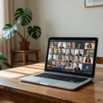 Notebook com tela de videoconferência para assembleia virtual de condomínio em ambiente residencial