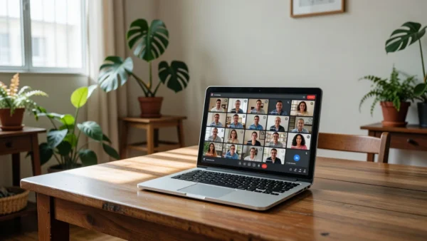 Notebook com tela de videoconferência para assembleia virtual de condomínio em ambiente residencial