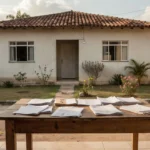 Casa brasileira com documentos de imóvel sobre mesa representando herança e venda