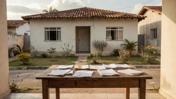 Casa brasileira com documentos de imóvel sobre mesa representando herança e venda