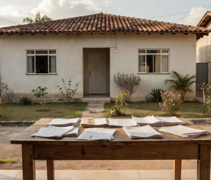 Casa brasileira com documentos de imóvel sobre mesa representando herança e venda