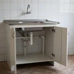Encanamento sob pia de cozinha em imóvel residencial brasileiro para verificação antes de aluguel