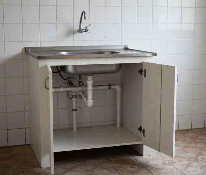 Encanamento sob pia de cozinha em imóvel residencial brasileiro para verificação antes de aluguel