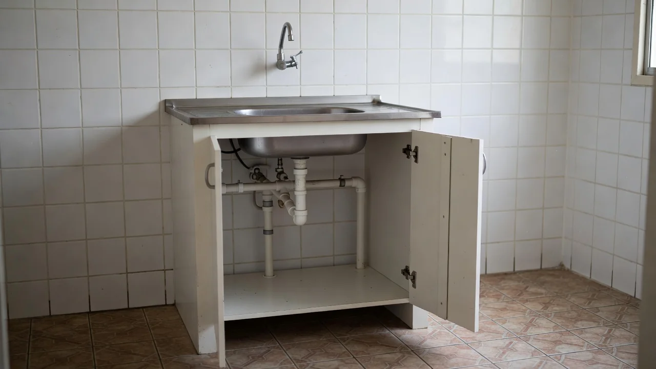 Encanamento sob pia de cozinha em imóvel residencial brasileiro para verificação antes de aluguel