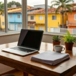 Mesa com notebook em casa brasileira durante busca por imóvel ideal