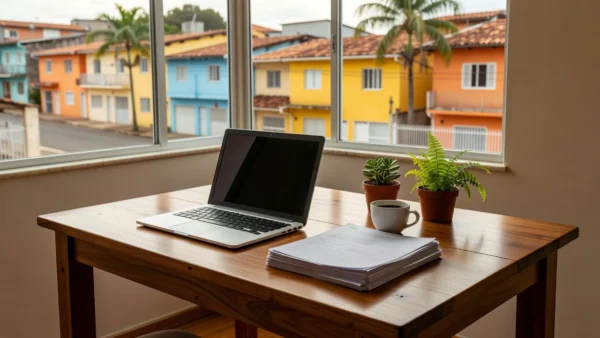 Mesa com notebook em casa brasileira durante busca por imóvel ideal